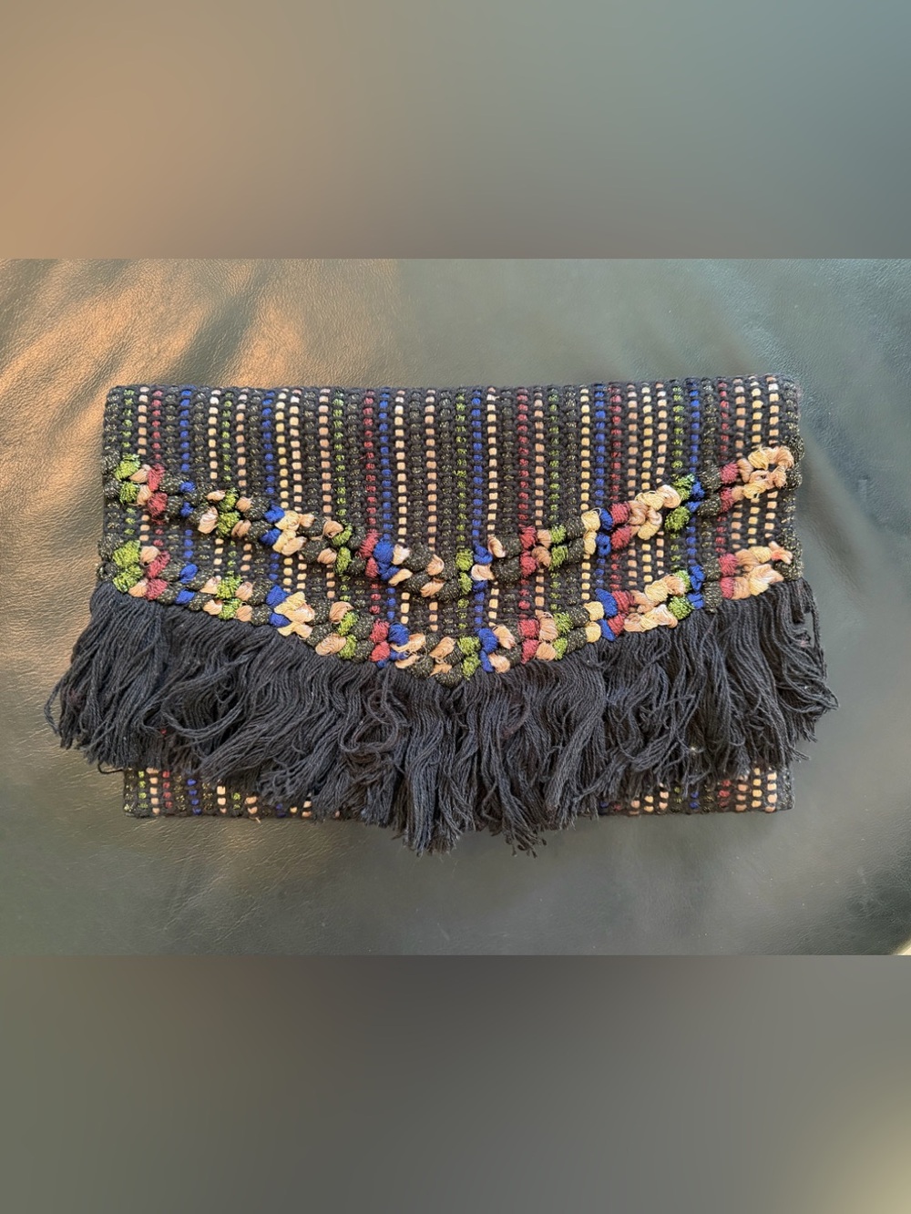Stella & Dot Black Woven Clutch with Multicolor Embroidered Accents and Fringe